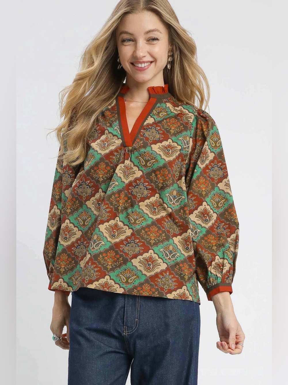 Umgee Abstract Print Ruffle Neck Top🛍️ - Picture 2 of 5